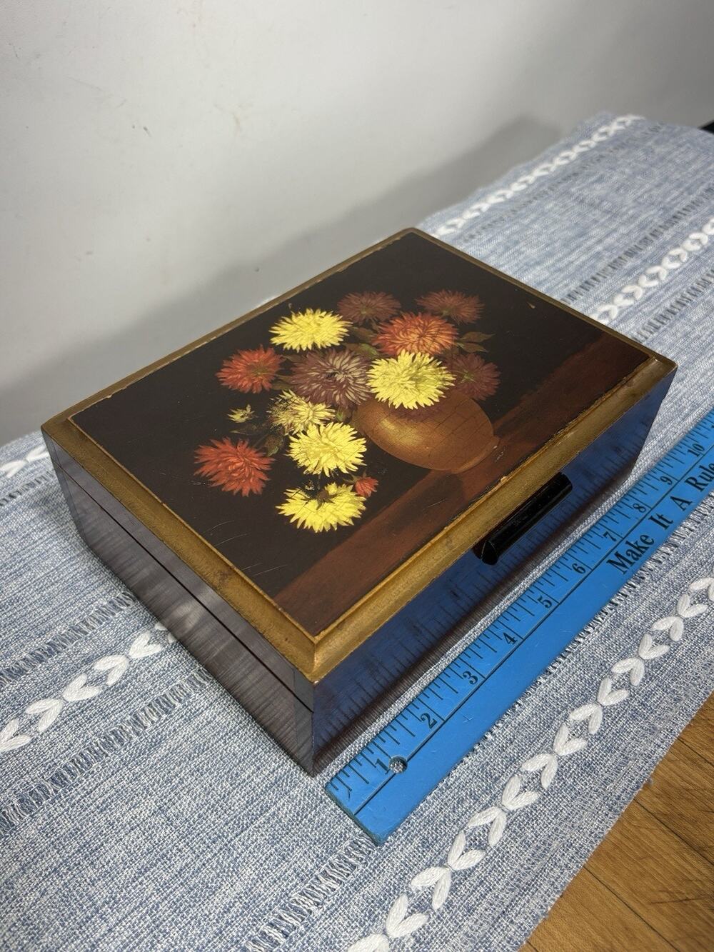 Vintage 1970s Wood Jewelry Box Floral Lid Etched Mirror Gold Lined Keepsake